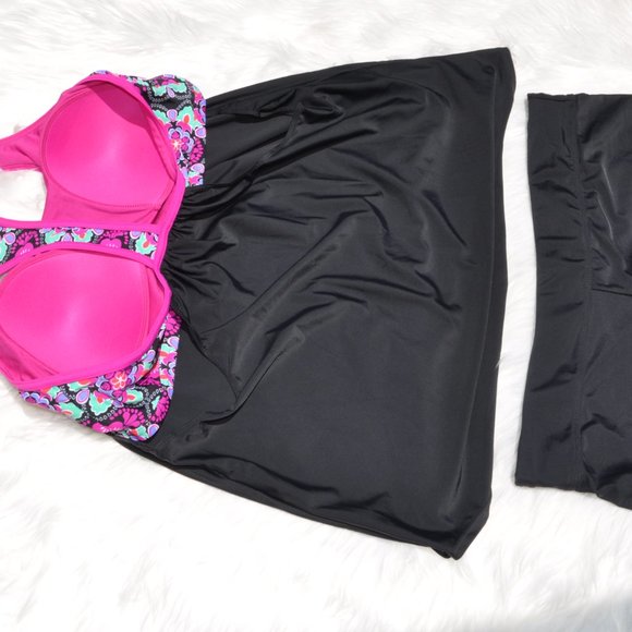 Women's 2 Piece Tankini Swimsuit Printed Strappy Racerback Push up with Shorts - Picture 5 of 5